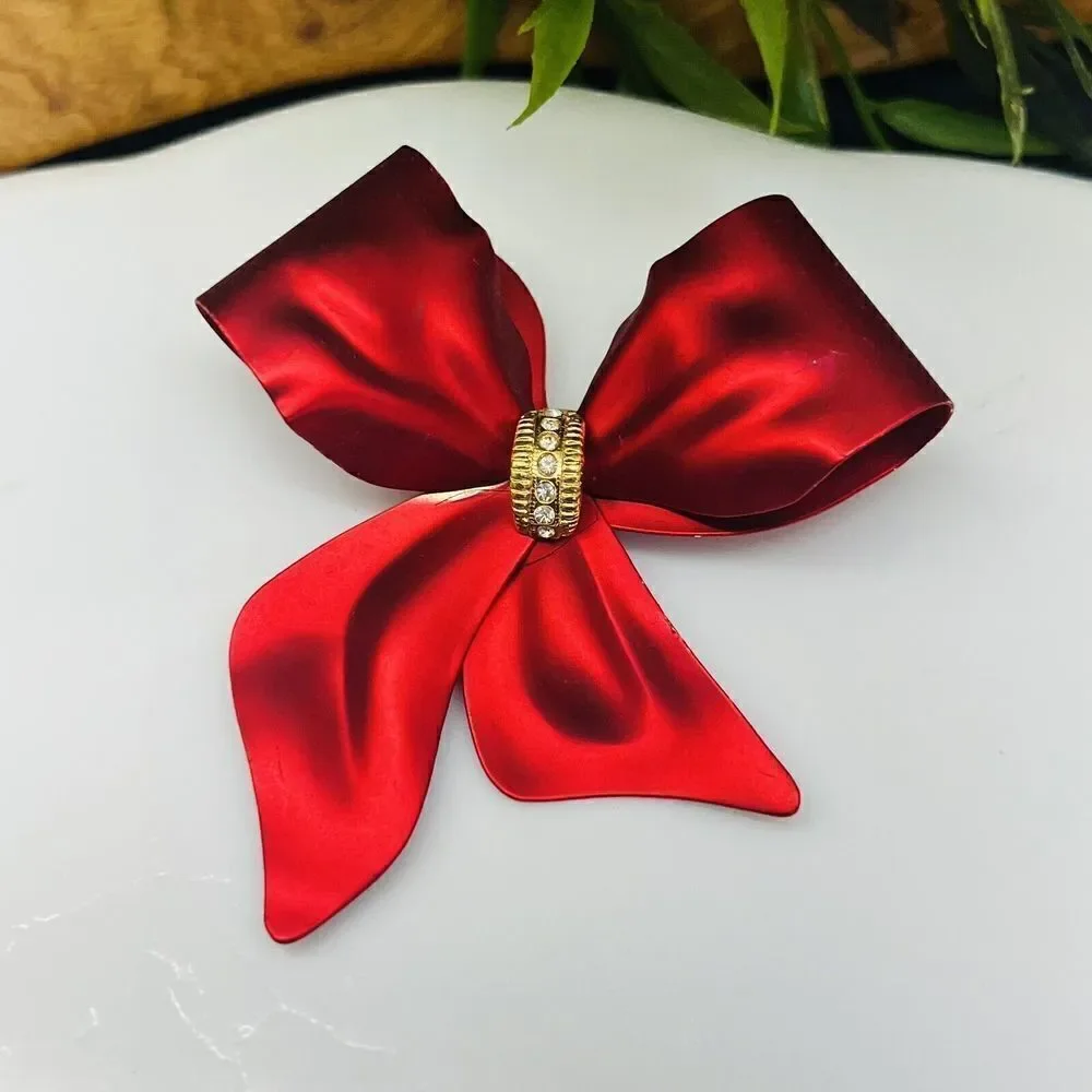 Vintage RED Metalic Satin Bow Ribbon Brooch Pin Crystal Accent Large Matte 1426